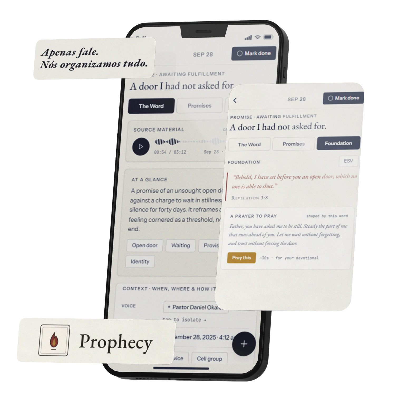 Interface do app Prophesy em um smartphone com cartões flutuantes